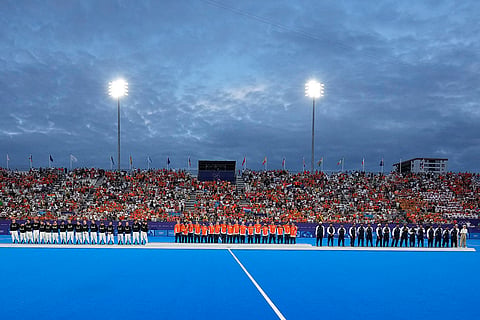 Men's field hockey medal ceremony: Germany's silver-medallists, Netherlands' gold-medallists and India's bronze-medallists